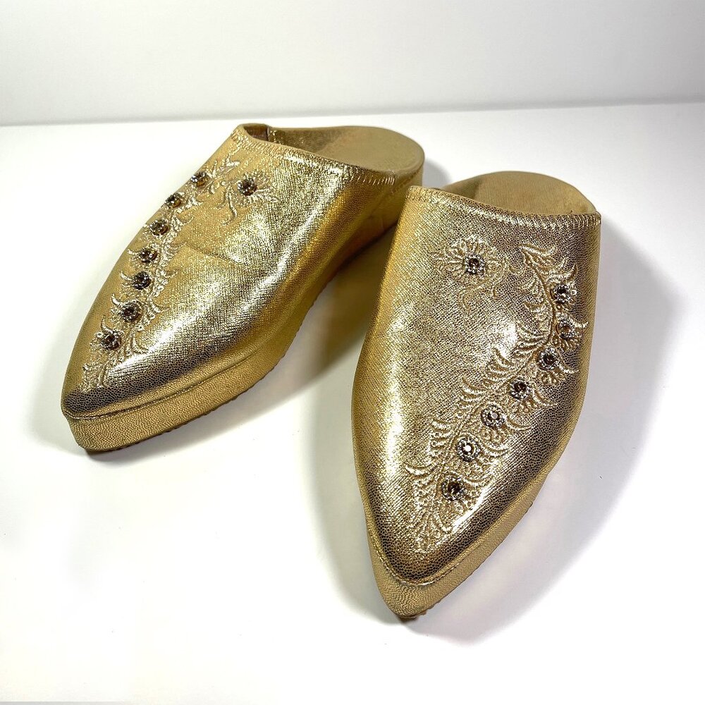 Handmade Moroccan Babouche Gold Leather Embroidered Rhinestone Mules Slippers 10